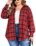 IN'VOLAND Womens Plus Size Flannel Plaid Shirt Roll Up Long Sleeve Mid-Long Button Down Shirts Casual Boyfriend Tops(16W-28W)