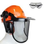 RocwooD Orange Chainsaw Helmet Safety Hard Hat With Full Mesh Visor & Ear Defenders Forestry Protective Gear For Petrol Or Electric Brush Cutter Chain Saw Strimmer PPE Equipment Free Goggles