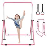 Expandable Gymnastics Bar for Kids, Foldable Gymnastics Bars with Rings Gymnastics Horizontal Bars Junior Training Monkey Bar for Girls Boys Home Gym (Pink)