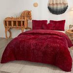 MEGO Luxury Shaggy Faux Fur Duvet Cover Set, Soft 3 PCS Fluffy Comforter Cover Set, Fuzzy Bedding Set Queen Size Quilt Cover(1 Plush Furry Duvet Cover + 2 Pillowcases), Zipper Closure(Queen, Red)