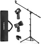 CAHAYA 2 in 1 Microphone Stand Foldable Tripod Boom Mic Stands with 2 Mic Clip Holders for Performance Singing Speech Wedding Stage and Outdoor (Black)