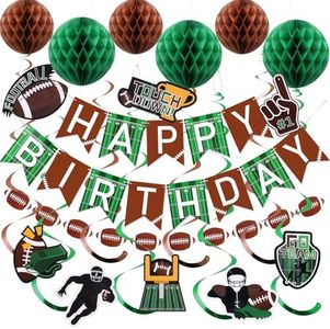 YEOCU Football Birthday Decorations Green - NO DIY, Pre-Strung Happy Birthday Banner with Honeycomb Balls, Hanging Swirls, Garland - Football Sports Theme Party Decorations for Women Men Boys Girls