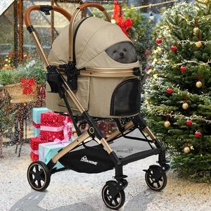 YITAHOME Pet Stroller 3-in-1, One-Click Foldable Cat Dog Stroller, Dog Pushchair, Dog Pram with Detachable Carrier Storage Basket Cup Holder, Car Seat, Dog Buggy (Khaki)