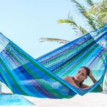 NOVICA Handmade Sea Breeze - 158" Large Nylon Hammock, Camping Essentials, Beach Hammock, Blue & Green Portable Hammock, Amacas Mexicanas, Foldable Hammock, Perfect for - camping, hiking or beach trip