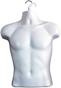 White Male Mannequin Hollow Back Body Torso Dress Form & Hanging Hook, S-M Sizes (1 Pack, White)