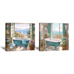 LYUNSHUO Bathroom Canvas Wall Art 2 Piece Teal Bathtub with Flower Pictures Prints Seascape Painting Relax Soothe Artwork for Home Decorations(Artwork-2,16.00"x16.00"x2P)