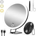 Magnifying Mirror 5X with Light Large 6'' 3 Colors Dimming Lighted Magnified Mirror with Table Stand & Suction Cups, Rechargeable Travel Magnifying Mirror 5X Magnification with Tweezers & Scissors