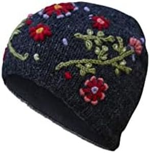 Pachamama Women Wool Beanie Hat Handknitted Flower Embroidery Multicoloured One Size Handmade Extra Warm, Charcoal, Green, Red, Blue, M