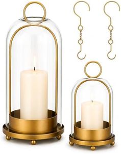 Glass Candle Lantern Brass Hurricane Candle Holders Set for Pillar Candles, Tabletop & Hanging Decor for Living Room, Dining Table, Patio & Events