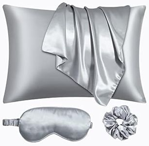 URLINENS Satin Pillowcase for Hair and Skin, Vegan Silk Pillowcase Set-2 Satin Pillowcases, 1 Eye Mask, 1 Scrunchie-Luxury Sleep Set, Silver Gray Pillow Cases with Envelope Closure Standard Size