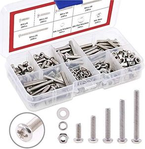 Hilitchi 300-Piece M4 Phillips Pan Head Screws Bolt Nut Lock Flat Washers Assortment Kit, 304 Stainless Steel
