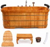 OGOLOUG Luxury Double-Person Oak Wooden Soaking Bathtub – Freestanding Indoor Home Spa Tub with Dual Headrests, 5-Piece Faucet Kit and Complete Accessory Set (wood color, 55")