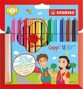 Fibre-Tip Pen with Cap-Ring - STABILO Cappi - Pack of 12 - Assorted Colours + 1 Cap-Ring
