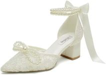 Lace Pearl Wedding Shoes for Bride Block Heel Bridal Shoes Closed Toe Wedding Heels, Ivory 2, 9