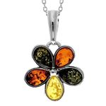 925 Sterling Silver & Multi-Stone Teardrop Shaped Genuine Baltic Amber Designer Flower Pendant - 1665