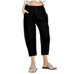 Summer Pants Women Capri Trousers Ladies Cropped Trousers Wide Leg Trousers Linen Trousers for Women UK Elastic High Waist Joggers with Pockets 3 Quarter Length Trousers Women's Joggers for Women UK