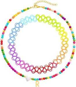 BodyJ4You 2PC Choker Initial Necklace for Kids - Letter R Pendant Heart Charm Goldtone Y2K Boho Beaded Collar - Personalized Gift Teen Girl Jewelry Children Jewelry - Beach Vacation Summer Accessories