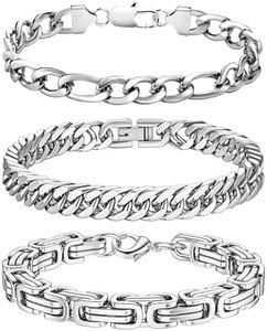 LOCCY 3 Pièces Homme Gourmette Bracelet en Acier Inoxydable Bracelet Maillons Cubains Bracelet Bracelet Figaro Byzantine pour Homme Papa Petit Ami Mari - Longueur 19/21/23cm (Argent-8mm, 23)
