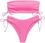 MakeMeChic Women's 2 Piece Bandeau Swimsuits Tie Side Ribbed Bikini Set Tankini Pink B XS