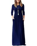 WNEEDU Maxi Dresses for Women UK 3/4 Sleeve Round Neck Ladies Casul Long Dresses Empire Waist Dress with Pockets Navy Blue XL