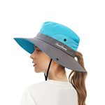 ECOMBOS Womens Sun Hats Wide Brim UV Protection Mesh Foldable Ponytail Bucket Fishing Hat Beach Cap for Fishing Hiking Gardening Outdoor Blue