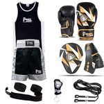 Kids boxing 6 pcs set uniform set top & short Boxing gloves Black 1021 Focus Pad Black 1109 Wrap-Rope-key chain Professional accessories kit for sparring sports – 6OZ (1109 Black, 9-10 Year)