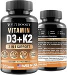 VITBOOST Vitamin D3 K2 Complex - Easy to Swallow - Vitamin D (D3) 5000 IU (125 mcg) & K2(MK-7) 90 mcg | Non-GMO | Gluten-Free | USA Made | 120 Capsules