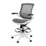 Flash Furniture Mid-Back Transparent Gray Mesh Drafting Chair with White Frame and Flip-Up Arms