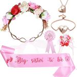 6 Pieces Big Sister Accessory Set Big Sister Flower Crown Bracelet Sash Pin Necklace Daughter Big Sister Party Supplies Pink Big Sister Gift Set for Girl Baby Shower Big Sister Party Favors