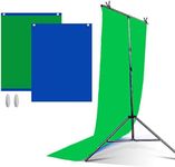 LENCARTA Green Screen Backdrop 1.5m x 2m (4.9ft x 6.6ft) Portable Green Screen Background Chromakey Blue Side | T-Shape Adjustable Photo Backdrop Stand with 2 Spring Clamps Retractable Support System