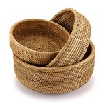 BTSKY Set of 3 Round Rattan Woven Fruit Basket - Handmade Wicker Food Staorage Tray Snack Organizer Bins Vagetable Bowl Home Decorative Tray for Dinning Room Kitchen