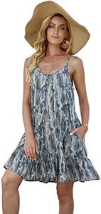 COLOWANA Women's Spaghetti Strap Mini Dress V Neck Boho Floral Printed Casual Summer Beach Short Sundress with Pockets, Camouflage, Small