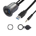 SinLoon USB 3.0 & 3.5mm Car Mount Flush Cable 3.3FT USB 3.0 Flush Mount Cable AUX Extension Dash Panel Waterproof Mount Cable for Car, Boat, Motorcycle