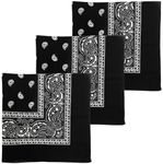 MDSTYLE 3 PCS 100% Cotton Bandana for Men & Women 22" x 22" Paisely Pattern Handkerchief Headband Scarf (3 Pcs Black)