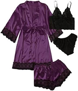 WDIRARA Women' Silk Satin Pajamas Set 4pcs Lingerie Floral Lace Cami Sleepwear with Robe Black and Purple XXXL
