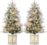 3 Ft Pre-Lit Christmas Tree, 2 Set Artificial Christmas Trees with Lighting Elk Base, Snow Flocked Xmas Trees with 78 Led Lights, Battery Operated and Timer Function, Christmas Decoration