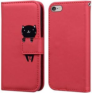 Funda iPhone 6/6S, Ailisi Cat Cartoon Diseño de Animales Red Billetera Carcasa Protectora de Cuero PU con Cierre magnético, Función de Soporte, Ranuras para Tarjetas - Gato, Rojo