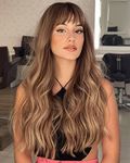 LANOVA Ombre Brown Wig with Bangs, Synthetic Brown Wigs for Women, Realistic Looking Glueless Wig, 22 inch Long Haired Full Wig Chinese Bang Wig LANOVA-106