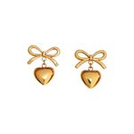 JEWILLEY Stylish Gold Plated Stainless Steel Waterproof Anti-Tarnish Heart-Bow Linked Minimal Stud Earrings For Womens and Girls