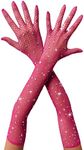 RSLOVE Women Lingerie Fishnet Gloves with Sparkle Rhinestone Mesh Long Gloves Pink