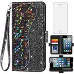 Asuwish Phone Case for iPhone 5S 5 SE 2016 5SE Wallet Cover with Screen Protector and Flip Card Holder Bling Glitter Cell iPhone5 iPhone5s iPhoneSE iPhone6se i 6SE iPhone5se Women Girls Black