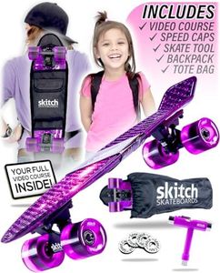 SKITCH Complete Skate Board for Kids 8-12 4-6-8-10 6-12 Year Old Beginner Girls Children Youth Gift Set 22 Inch Penny Board Mini Cruiser Bearing Pink Skateboards Backpack Skate Tool (Purple Galaxy)