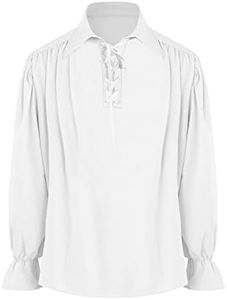 Mens Pirate Medieval Shirt Renaissance Costume Cosplay Victorian Gothic Tee Viking Vampire Tops, White, X-Large