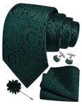 Gusleson Emerald Green Tie for Men Paisley Wedding Silk Necktie Pocket Square Cufflinks and Lapel Pin Brooch Set (UK6103-13)