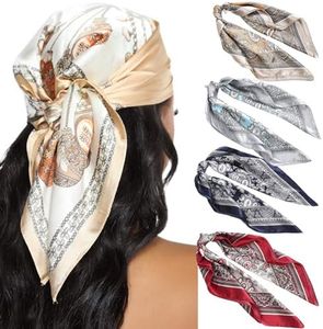 AWAYTR 23.6 Inches Satin Head Scarves for Women 4PCS Square Silk Like Hair Scarves Silk Hair Bandanas, Cashew, 23.6 x 23.6 inches/60cm x 60cm