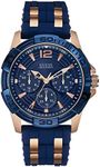 GUESS Iconic Blue Stainless Steel Stain Resistant Silicone Watch with Day, Blue/Rose Gold Tone/Blue, NS, Oasis