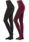 2 Pairs Fleece Lined Tights for Women - 100D Opaque Warm Winter Pantyhose (Black & Burgandy Red, L/XL)