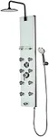 PULSE ShowerSpas 1030 Lahaina ShowerSpa Panel with 9.5" Rain Showerhead, 8 Dual-Function Body Spray Jets, 5-Function Hand Shower, Tub Spout and Glass Shelf, Soft-White with Silver Anodized Aluminum