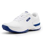 FitVille Mens Golf Shoes Extra Wide Fit Casual Sneakers Water Resistant Non Slip Outdoor Spiked Trainers for Golf Training, White Blue, 11 UK X-Wide