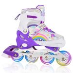 Adjustable Inline Skates for Kids Girls with All Light Up Wheels, Fun Illuminating Inline Skates for Toddlers Beginner Outdoor Indoor Sports (Purple&Rainbow, Medium)